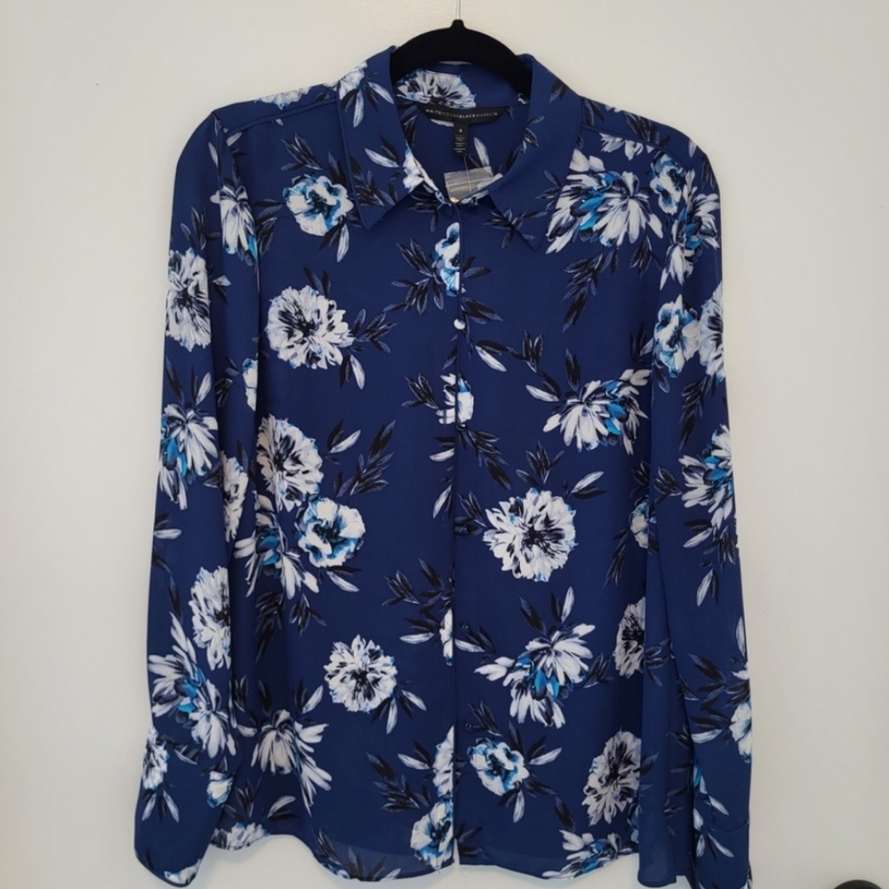 White House Black Market Blue Floral Button Down Shirt
